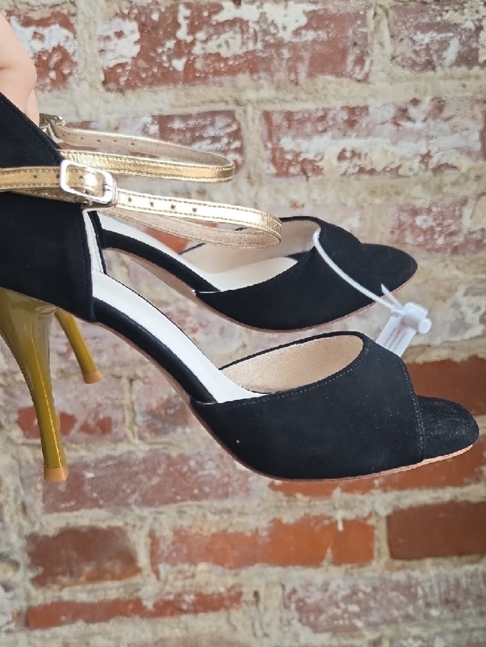 Black and Gold Open-Toe Ankle-Strap Heels - Picture 5 of 8